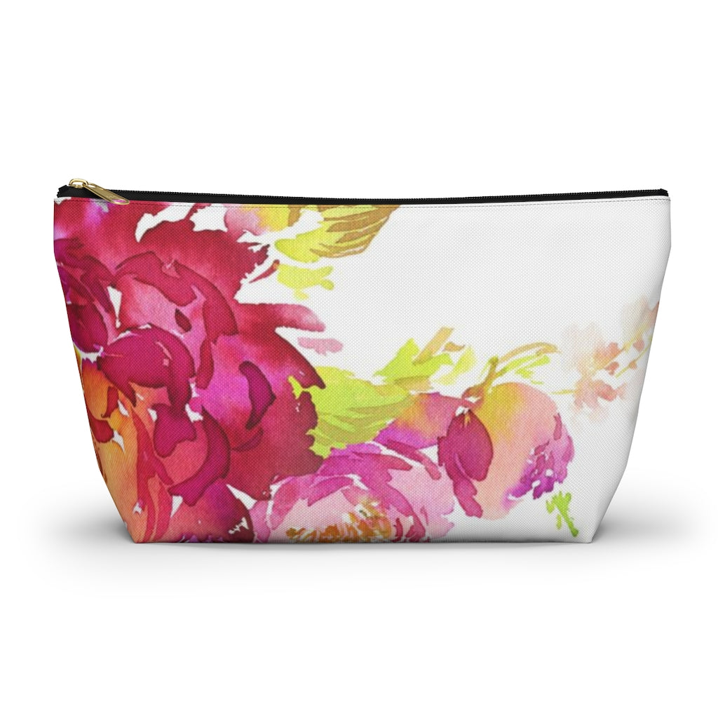 Bright Floral Cosmetic Pouch w T-bottom, Accessory Pouch, Pink