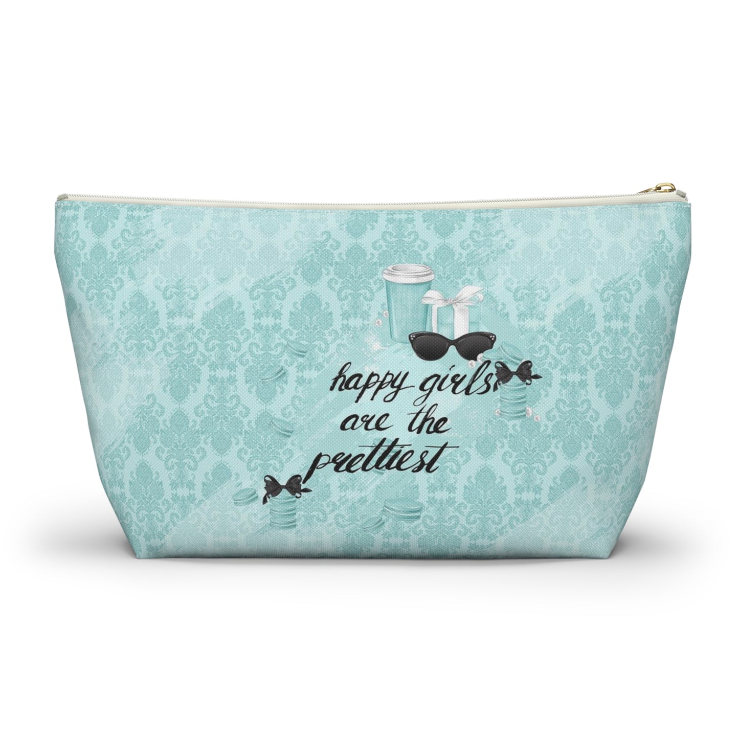 Happy Girls are the Prettiest Cosmetic Pouch w T-bottom, Accessory Pouch, Breakfast at Tiffany