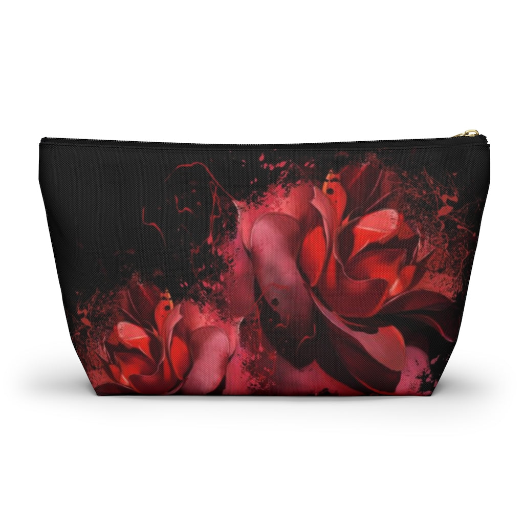 Painted Rose Cosmetic Pouch w T-bottom, Accessory Pouch, Red