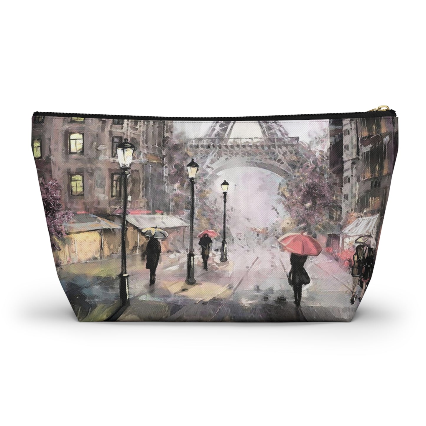 Eiffel Tower Cosmetic Pouch w T-bottom, Accessory Pouch - Pastel Rain in Paris