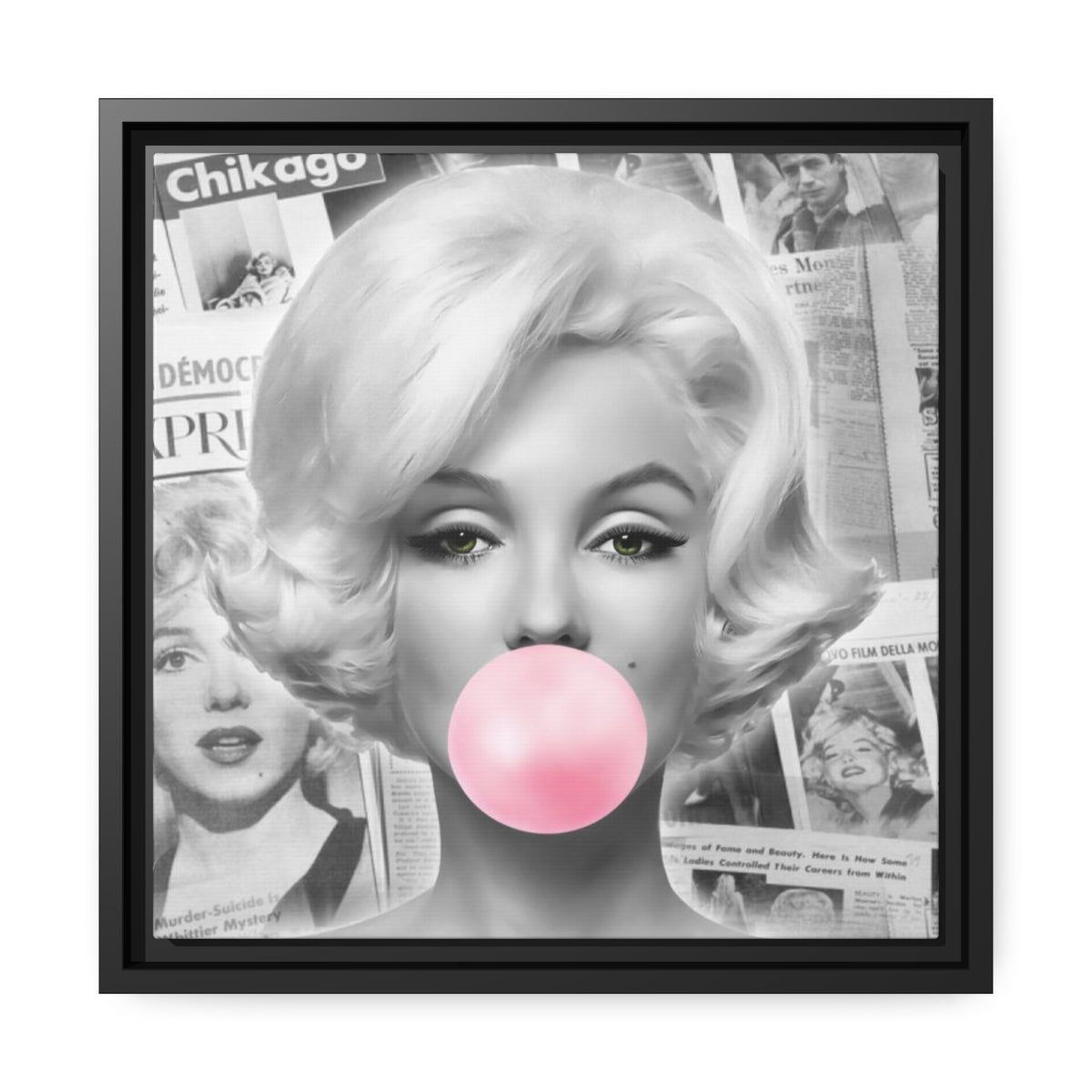 Marilyn Monroe Wall Canvas, Matte Canvas, Black Frame - International News Marilyn Bubblegum