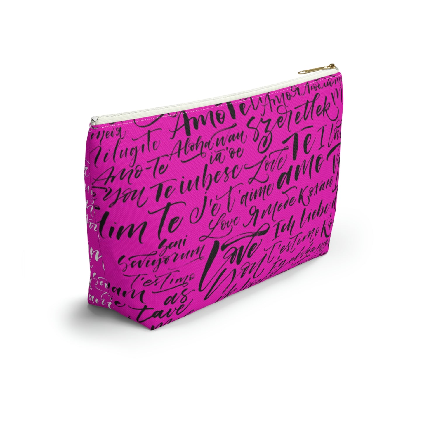 Hot Pink Love Language Cosmetic Pouch w T-bottom, Accessory Pouch - I love you Bag