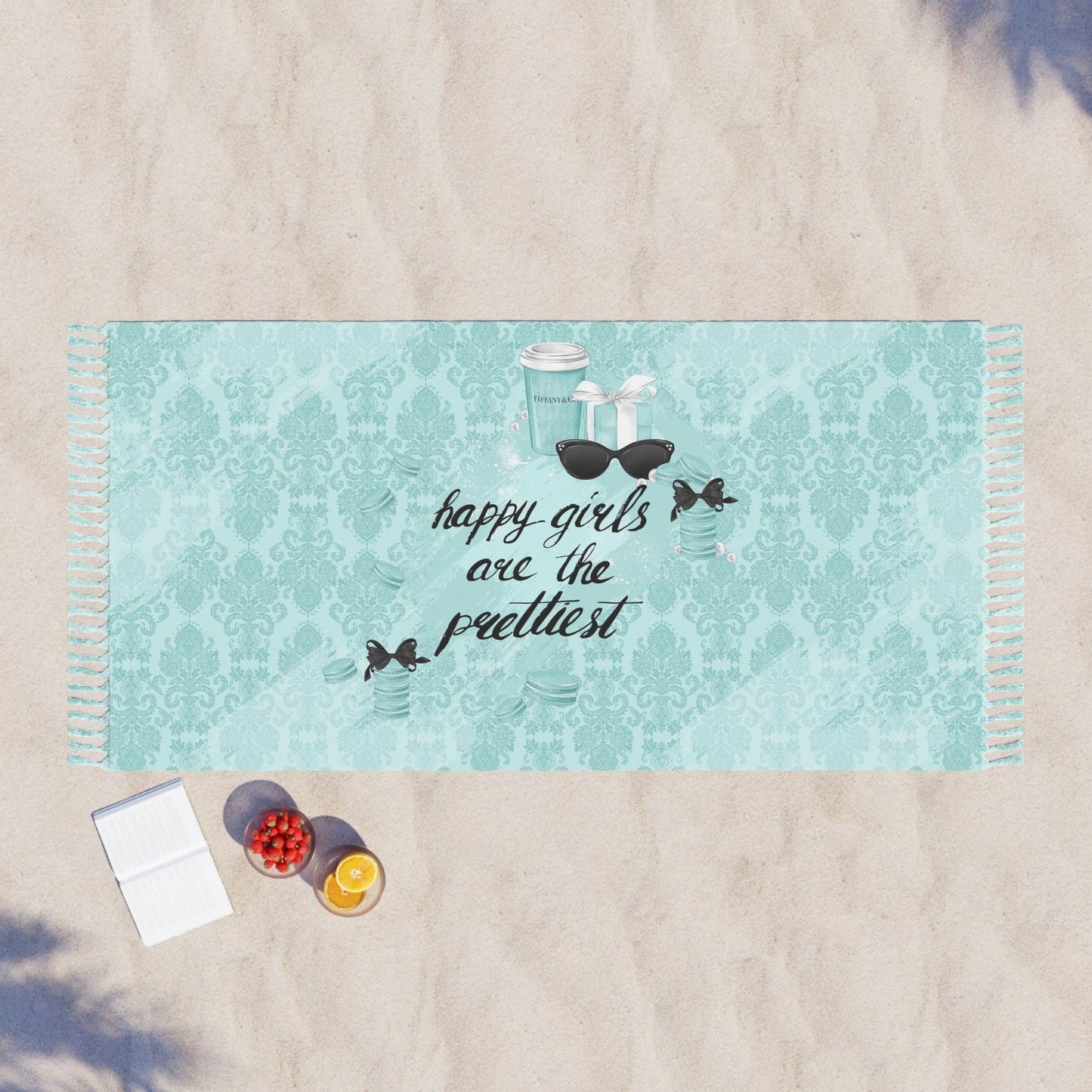 Breakfast at Tiffany's Quote Wrap, Beach Cloth with Fringe - Paris Blue Happy Girls are the Prettiest Towel