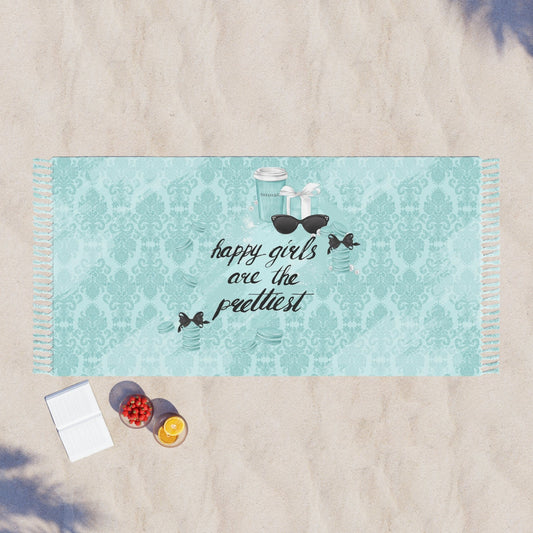 Breakfast at Tiffany's Quote Wrap, Beach Cloth with Fringe - Paris Blue Happy Girls are the Prettiest Towel