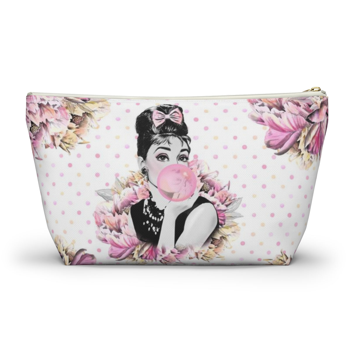 Audrey Hepburn Bubblegum Cosmetic Pouch w T-bottom, Accessory Pouch, Pink Polka Dot