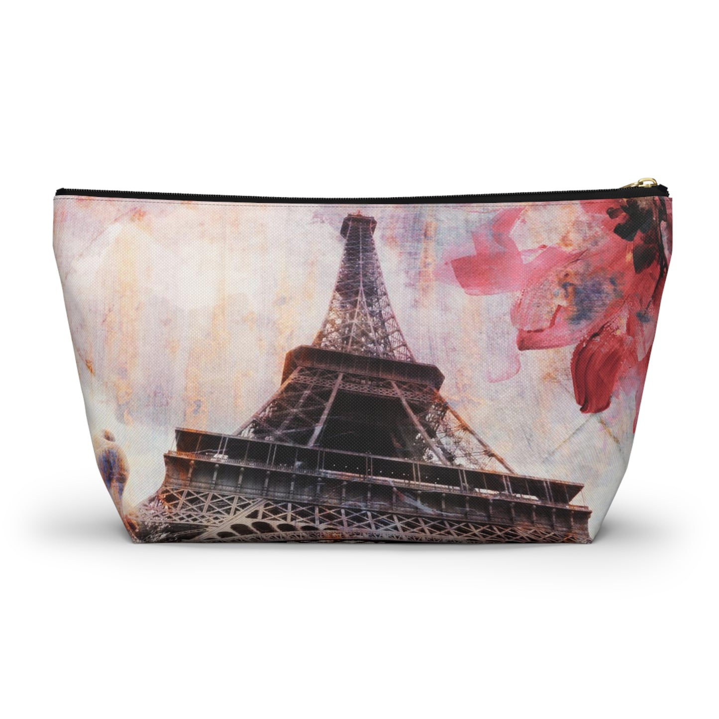 Eiffel Tower Cosmetic Pouch w T-bottom, Accessory Pouch - Paris Abstract Flower