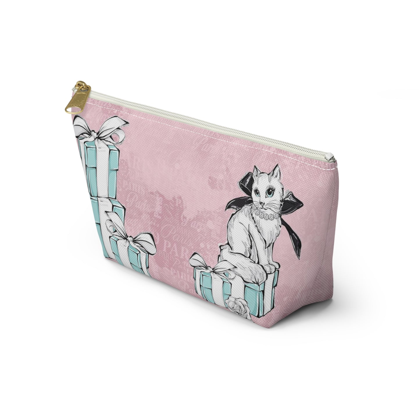 Personalized Kitty Cat Cosmetic Pouch w T-bottom, Accessory Pouch, Cat Lovers Little Blue Gift Box - Paris Pink