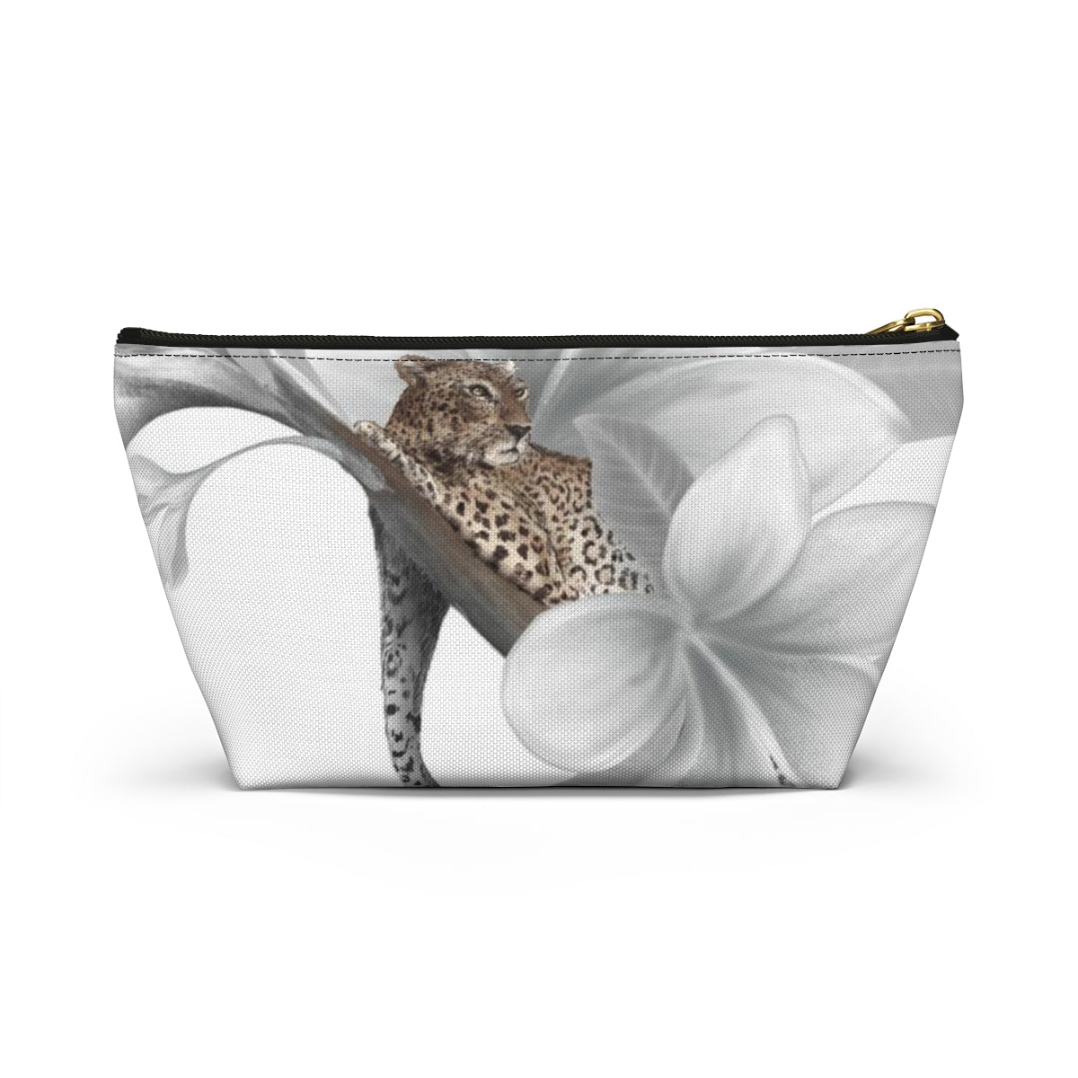 Leopard Cosmetic Pouch w T-bottom, Accessory Pouch - Leopard White Plumeria