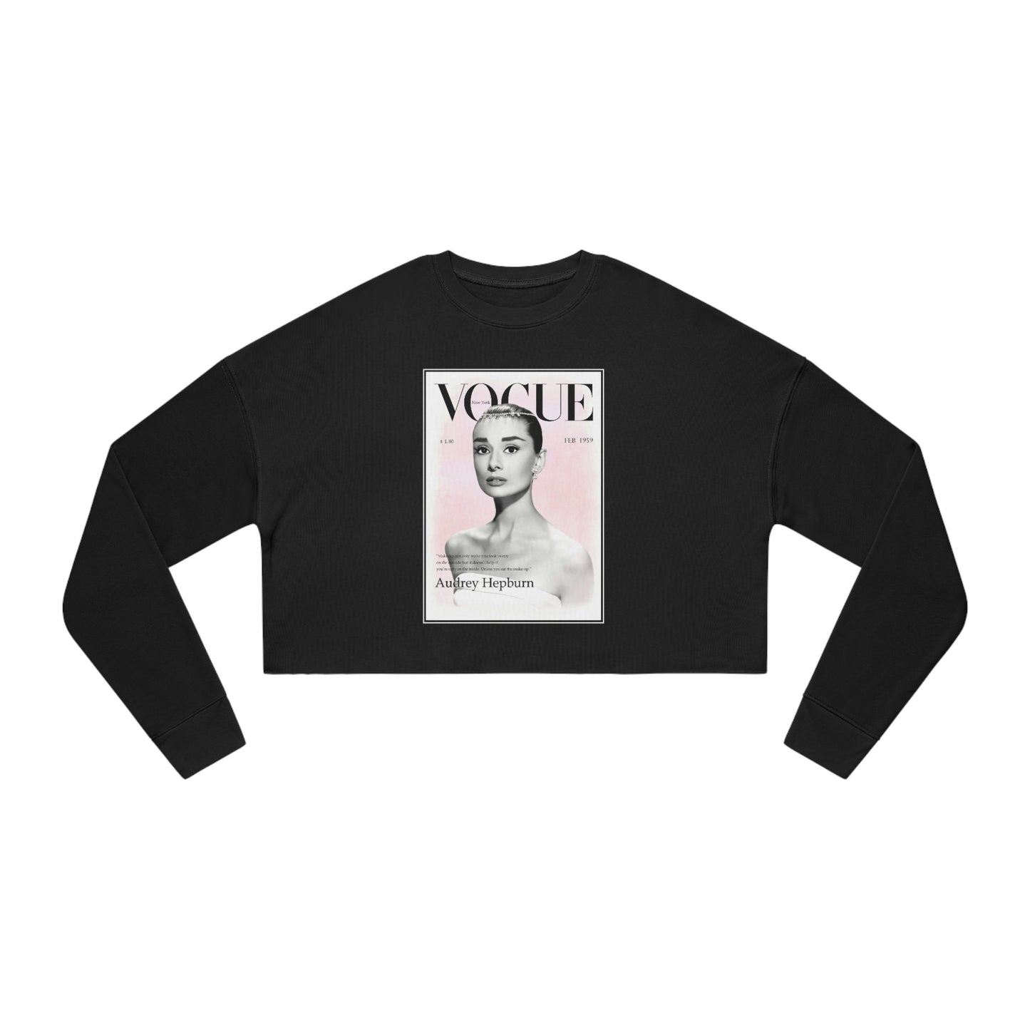 Audrey Hepburn Vogue Cover Crop Sweatshirt, Cropped Pullover, Crop Fleece, Crop Top - BLACK