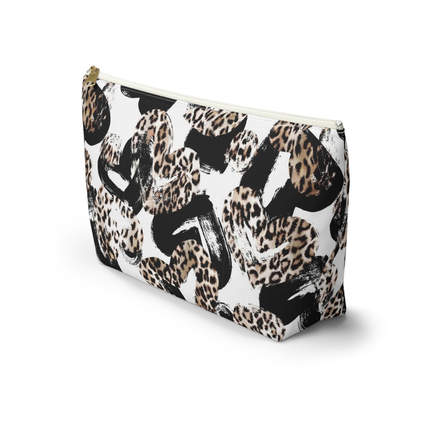 Personalized Leopard Hearts Cosmetic Pouch w T-bottom, Accessory Pouch