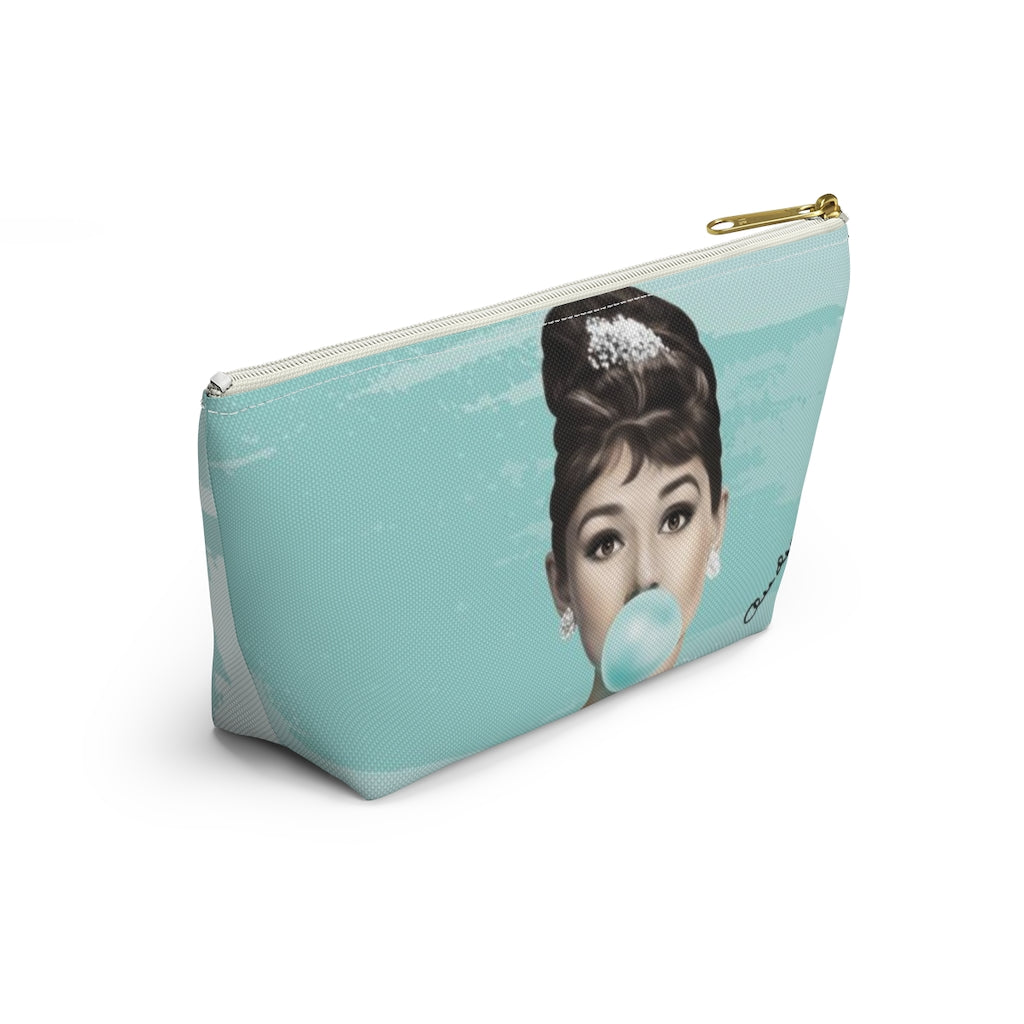 Audrey Hepburn Cosmetic Pouch w T-bottom, Accessory Pouch, Blue Green Signature