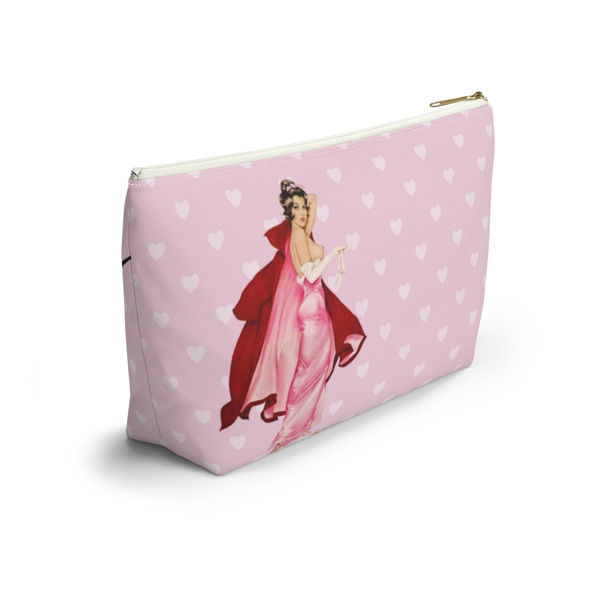 Personalized Pink Pinup Girl Cosmetic Pouch w T-bottom, Accessory Pouch - Red Riding Hood XOXO