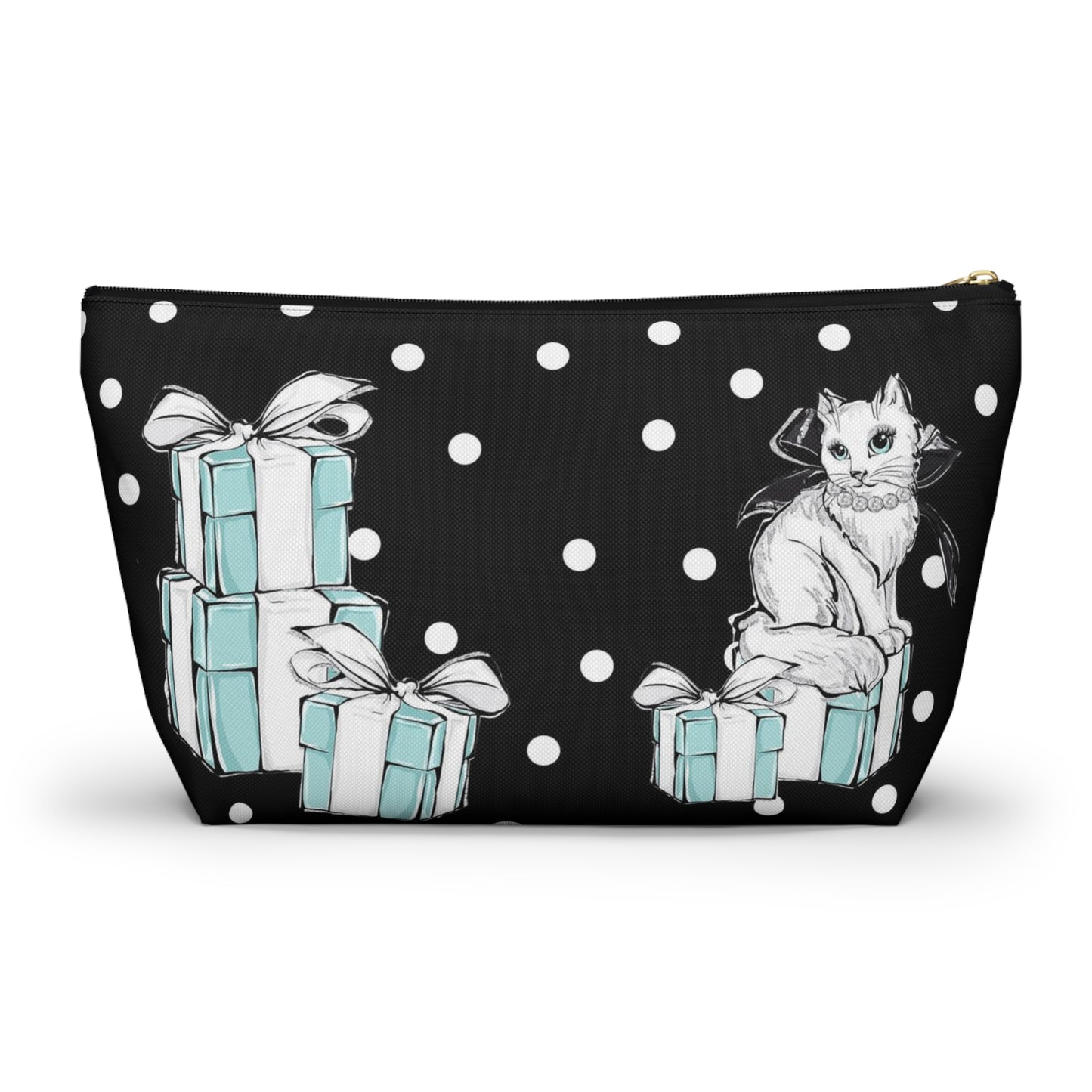 Personalized Kitty Cat Cosmetic Pouch w T-bottom, Accessory Pouch, Cats Polka Dot Breakfast at Tiffany - Black