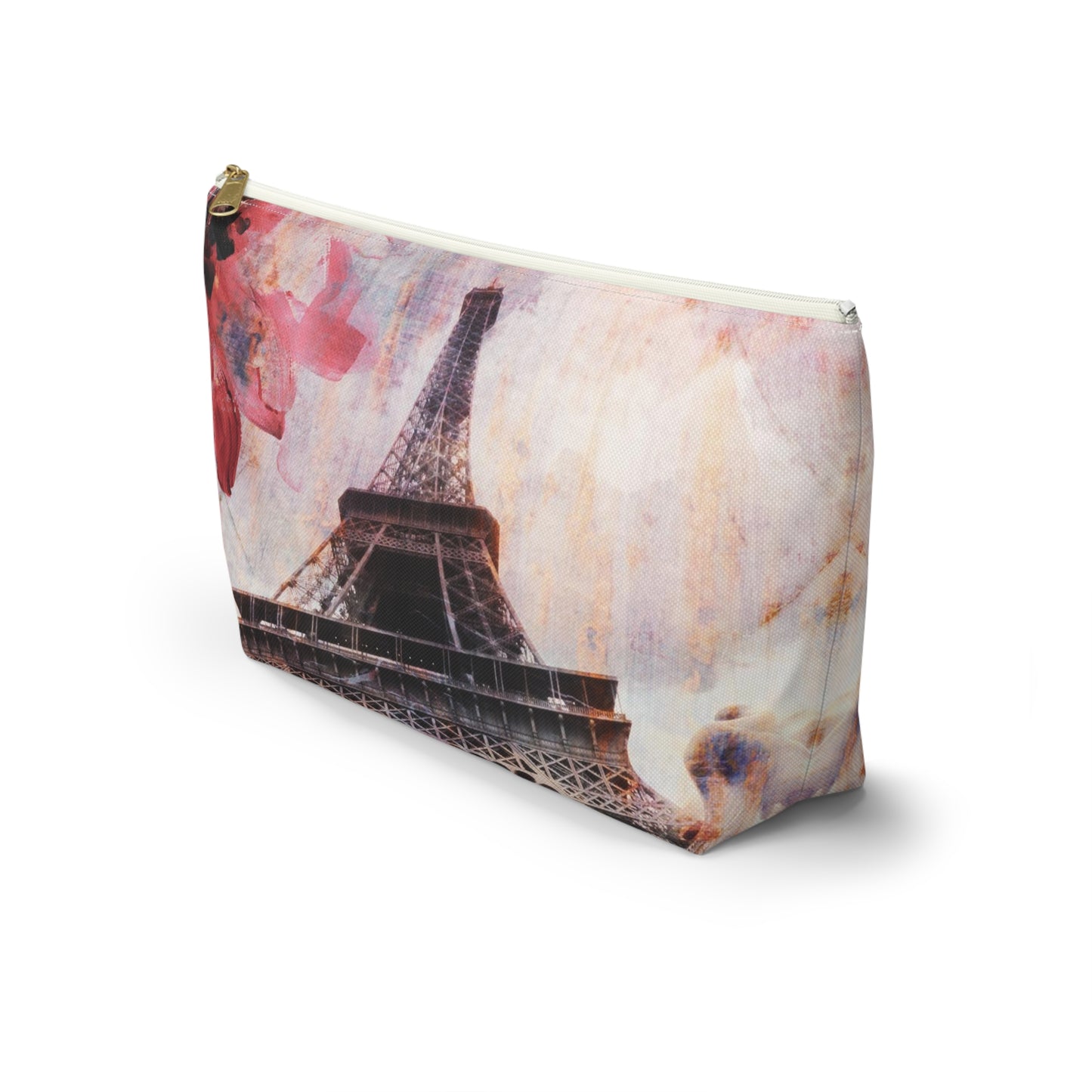 Eiffel Tower Cosmetic Pouch w T-bottom, Accessory Pouch - Paris Abstract Flower