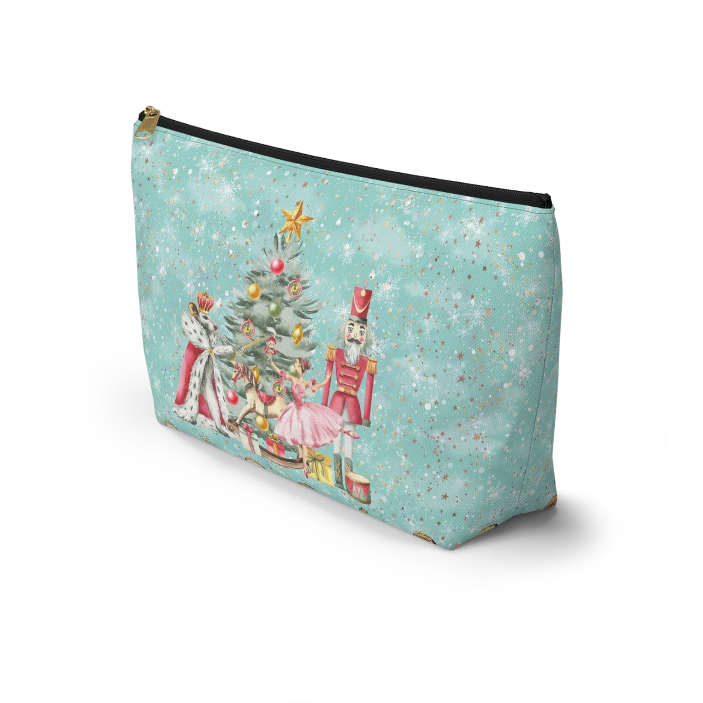 Nutcracker Gingerbread Cosmetic Pouch w T-bottom, Accessory Pouch - Blue Green Snowflake Nutcracker Ballet Makeup Bag