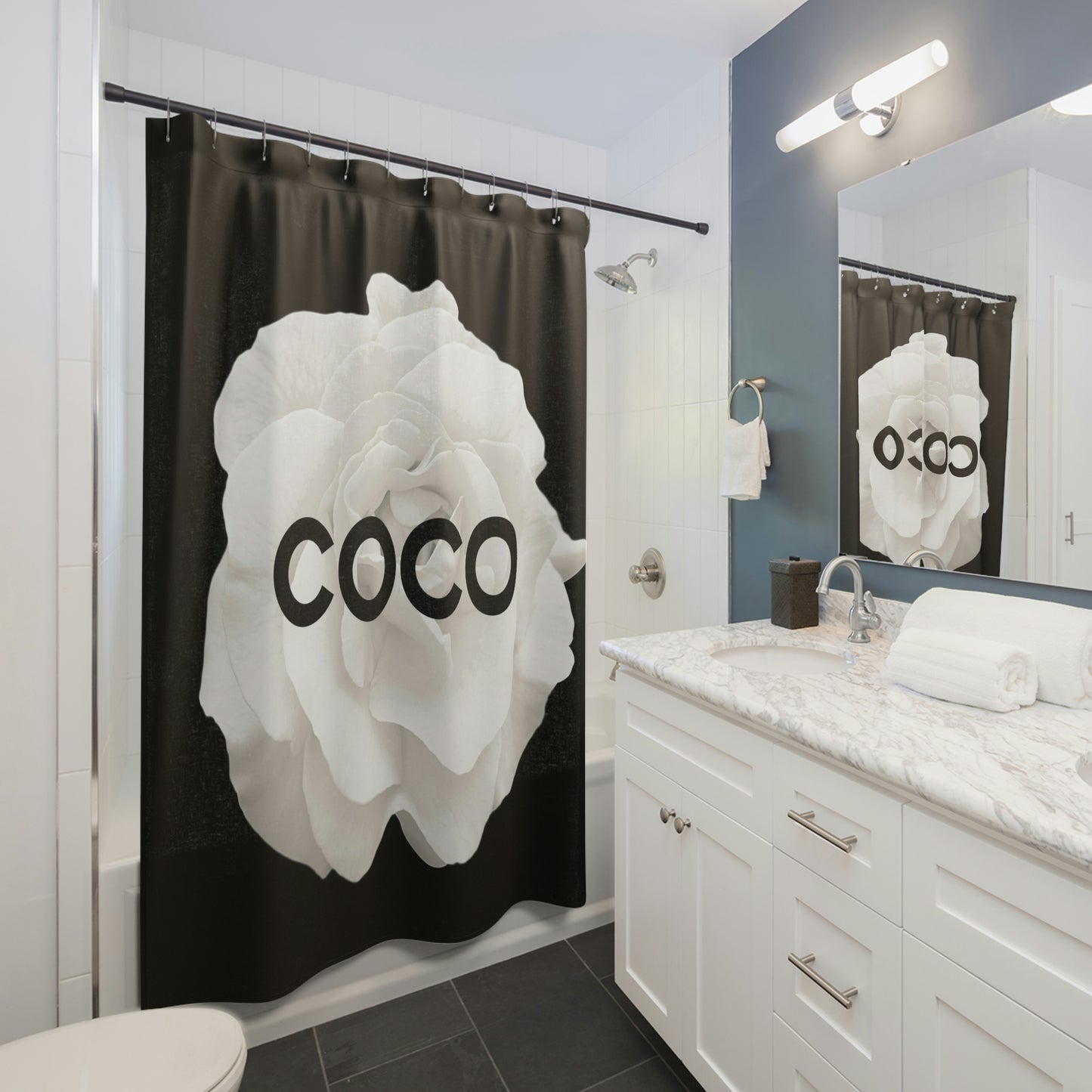 Personalized COCO Rose Shower Curtain - Fashion Shower Curtain - Designer COCO White Rose Bath Curtain