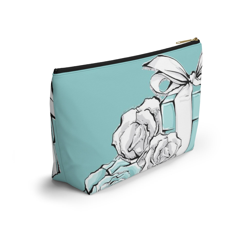 Little Blue Box Cosmetic Pouch w T-bottom, Accessory Pouch, Blue Green Rose Jewelry Box