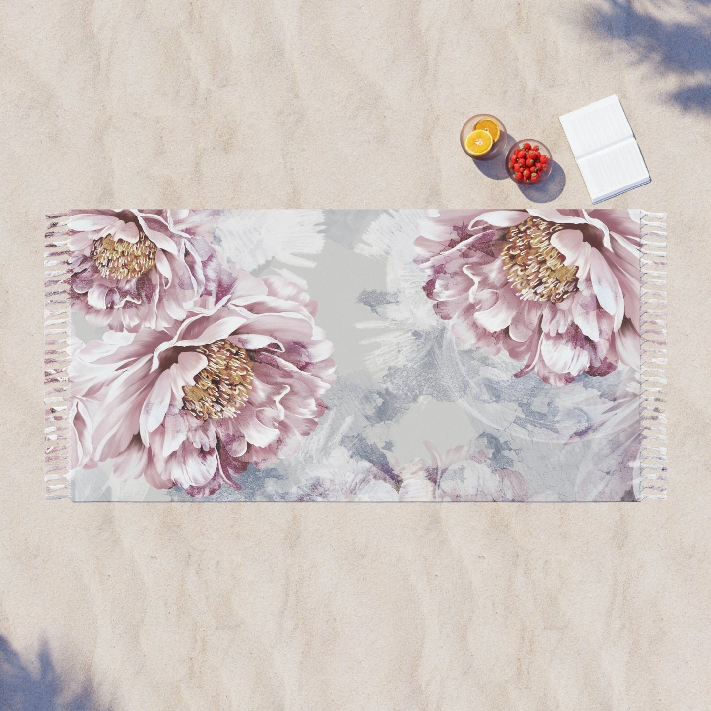 Abstract Peony Wrap, Beach Cloth with Fringe - Pink Peony Grey Abstract