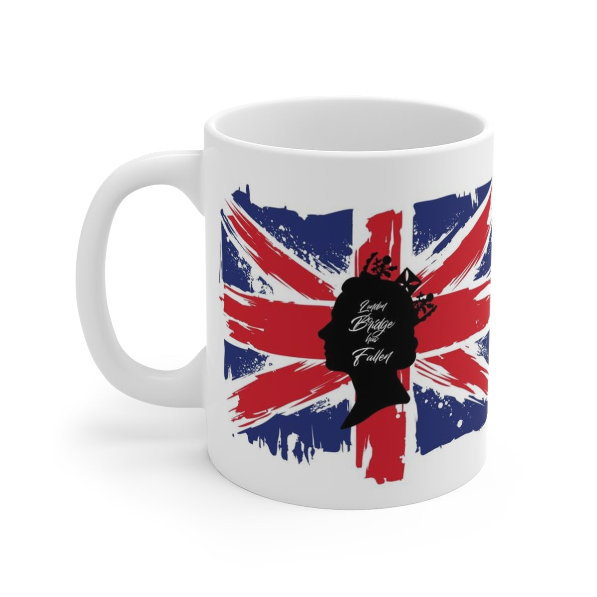 London Bridge has Fallen Mug Mug 11oz, Queen Elizabeth, British Flag