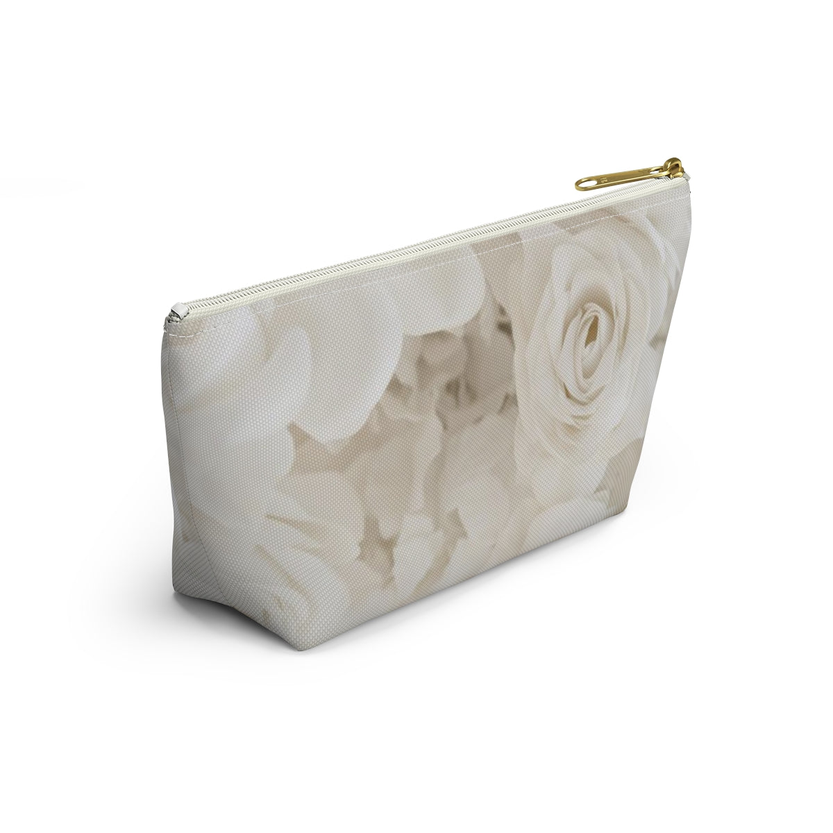 Personalized Cream Rose Cosmetic Pouch w T-bottom, Accessory Pouch - Off White Rose Leopard Print