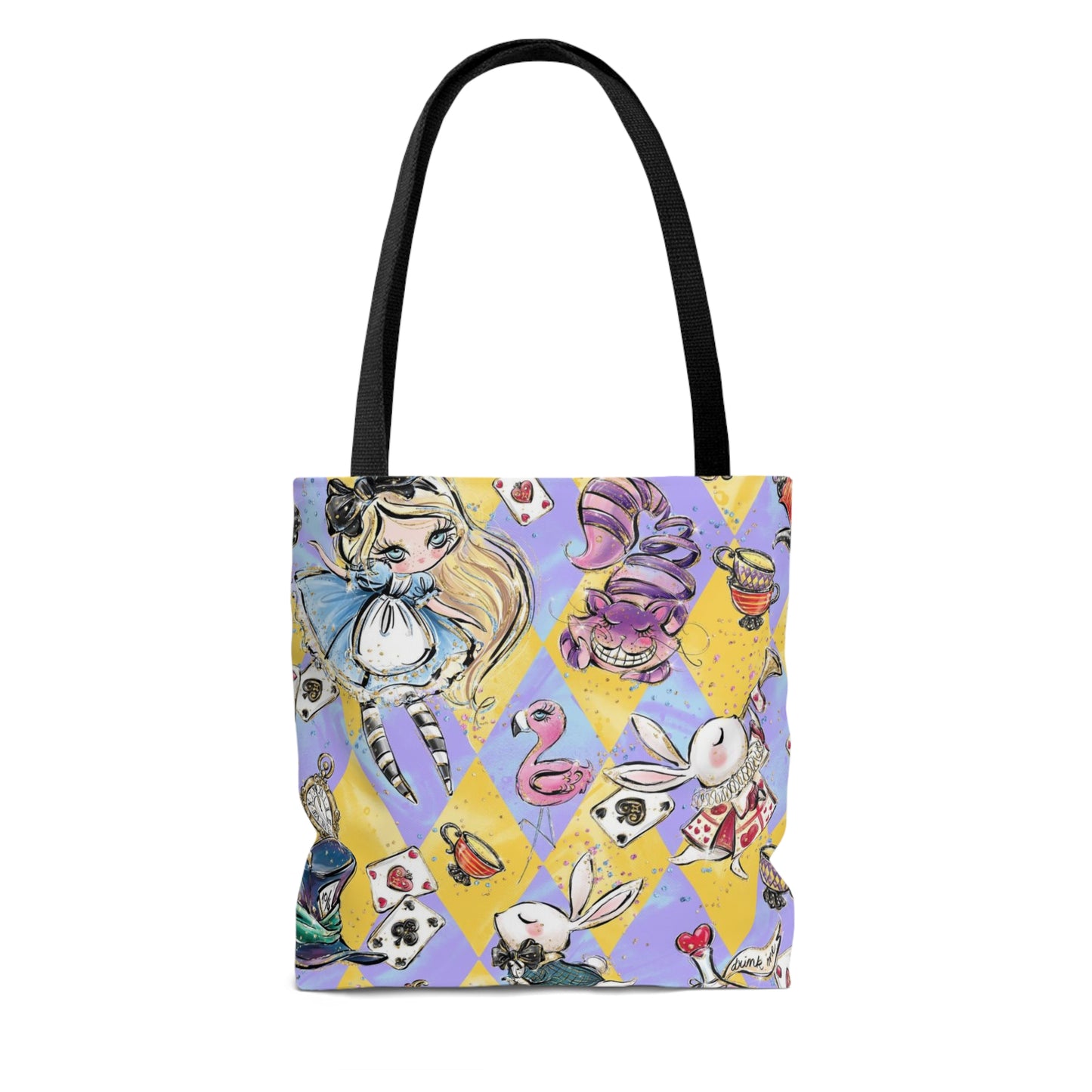 Alice in Wonderland Square Tote Bag, Utility Tote - Purple Blue Harlequin