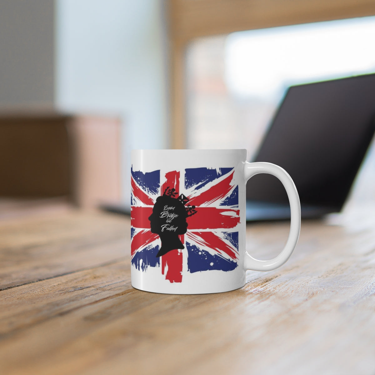 London Bridge has Fallen Mug Mug 11oz, Queen Elizabeth, British Flag