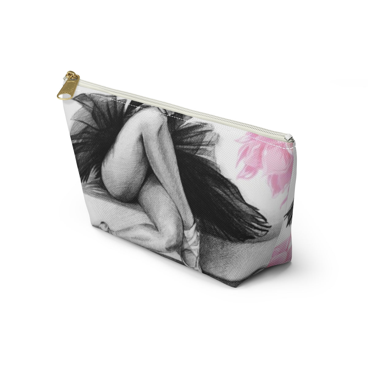 Ballet Cosmetic Pouch w T-bottom, Accessory Pouch, Pink Flowers