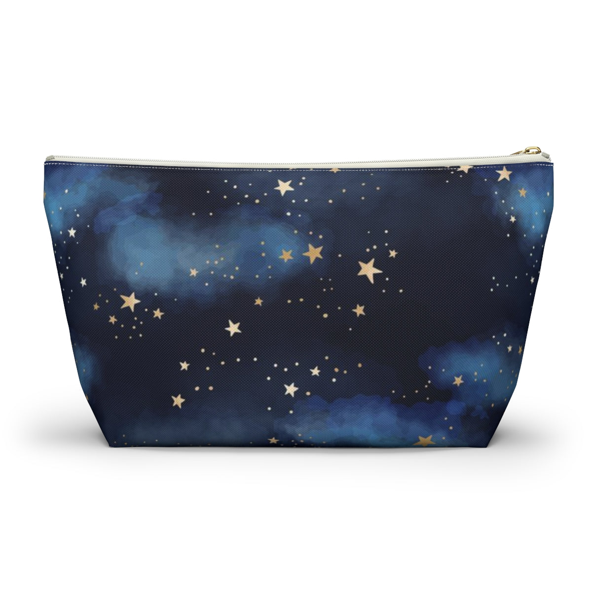 Personalized Starry Night Cosmetic Pouch w T-bottom, Accessory Pouch - Midnight Blue Clouds Gold Stars