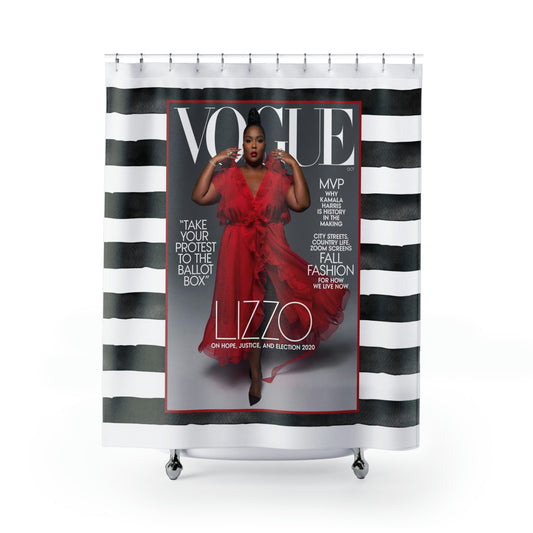 LIZZO Fashion Icon VOGUE Shower Curtain - Fashion Magazine Shower Curtain - Black & White Stripe Diva Bathroom Curtain