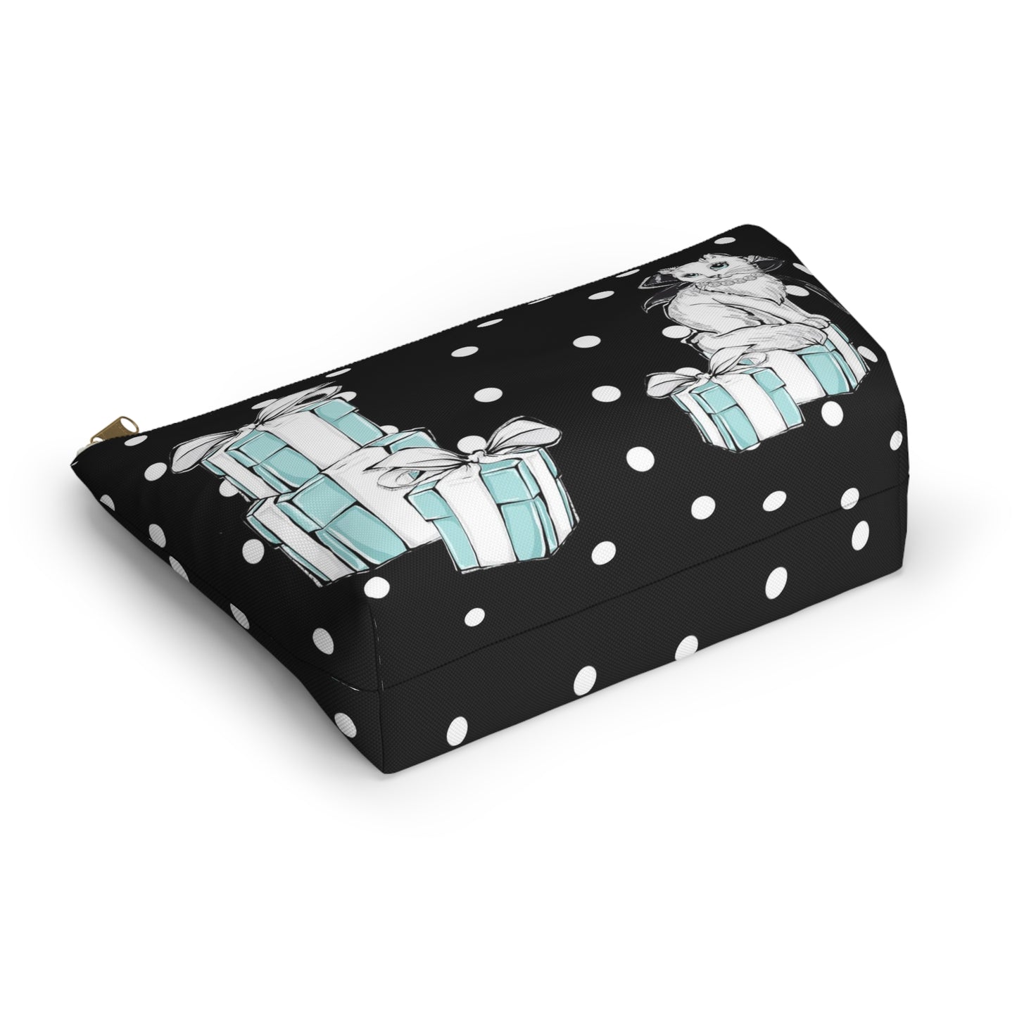 Personalized Kitty Cat Cosmetic Pouch w T-bottom, Accessory Pouch, Cats Polka Dot Breakfast at Tiffany - Black