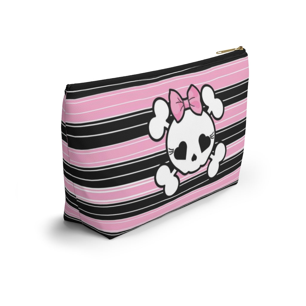 Candy Skull Cosmetic Pouch w T-bottom, Accessory Pouch, Pink Black Stripe