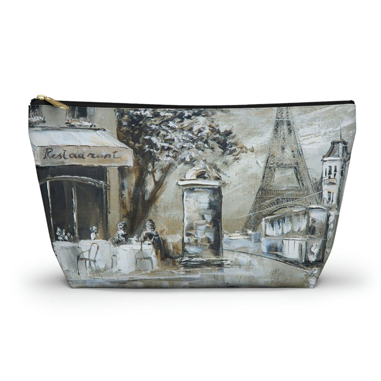 Eiffel Tower Cosmetic Pouch w T-bottom, Accessory Pouch - Cafe in Paris