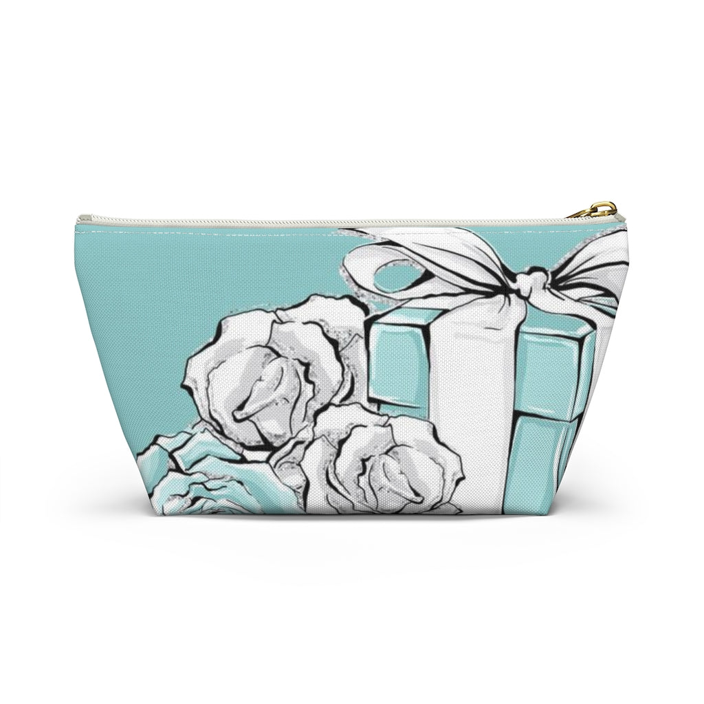 Little Blue Box Cosmetic Pouch w T-bottom, Accessory Pouch, Blue Green Rose Jewelry Box