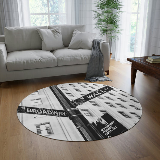 New York Street Sign Chenille Round Rug - 60 Inch Floor Mat - Custom and Personalized Rug - Broadway & Wall Street