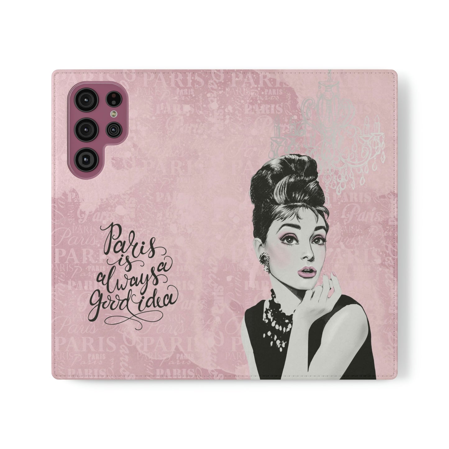 Audrey Hepburn Phone Case, Pink Paris Folio Phone Case, Paris is Always a Good Idea Smart Phone Folding Case