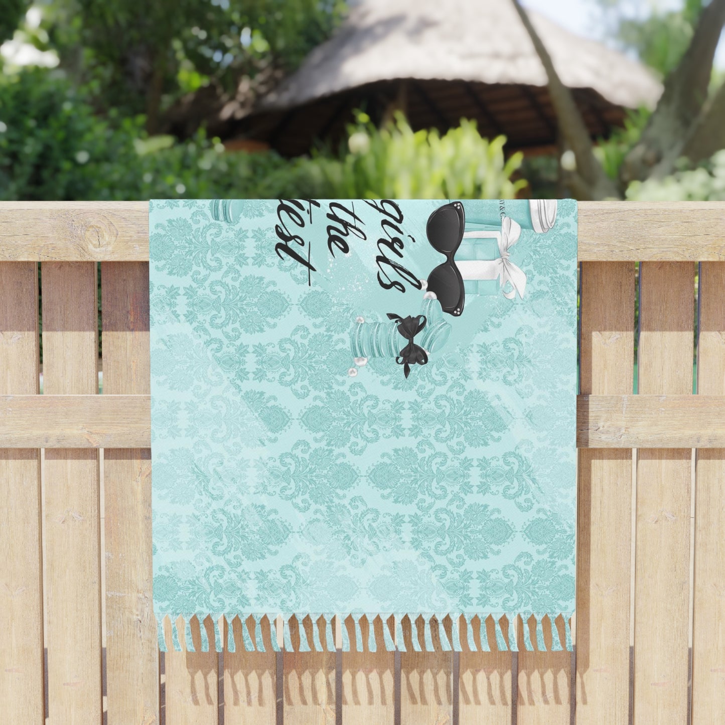 Breakfast at Tiffany's Quote Wrap, Beach Cloth with Fringe - Paris Blue Happy Girls are the Prettiest Towel