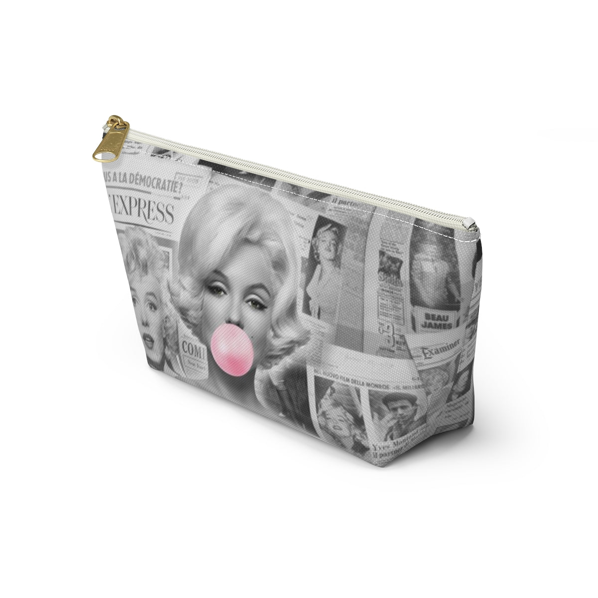 Marilyn Monroe Cosmetic Pouch w T-bottom, Accessory Pouch - Marilyn Bubblegum Pink International News Makeup Bag