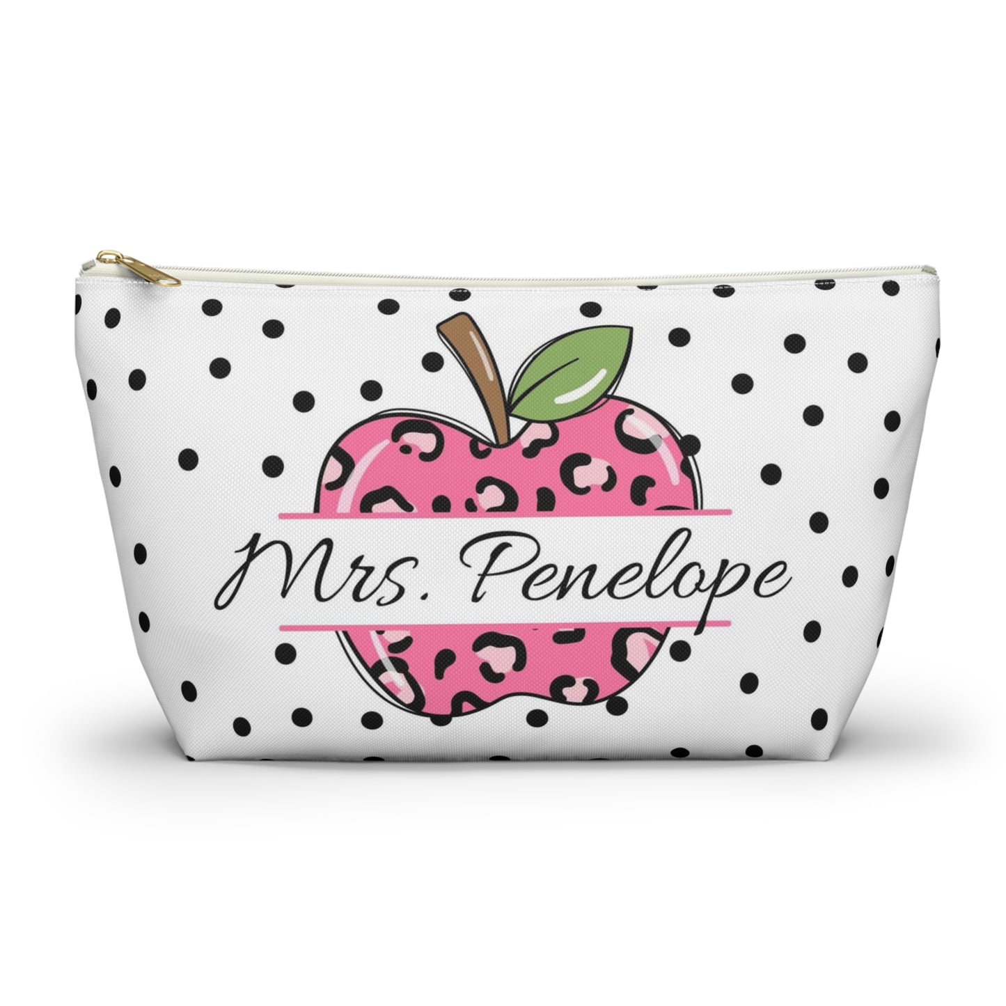 Personalized World's Best Teacher Cosmetic Pouch w T-bottom, Accessory Pouch, Pink Leopard Apple Dot