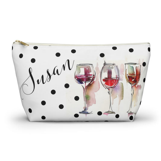 Personalized Wine Lovers Cosmetic Pouch w T-bottom, Accessory Pouch, Wine Glass Polka Dot