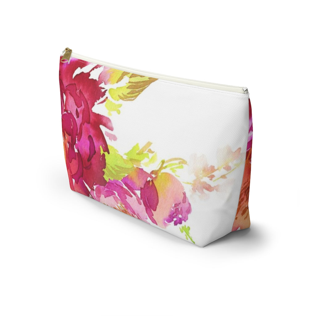 Bright Floral Cosmetic Pouch w T-bottom, Accessory Pouch, Pink