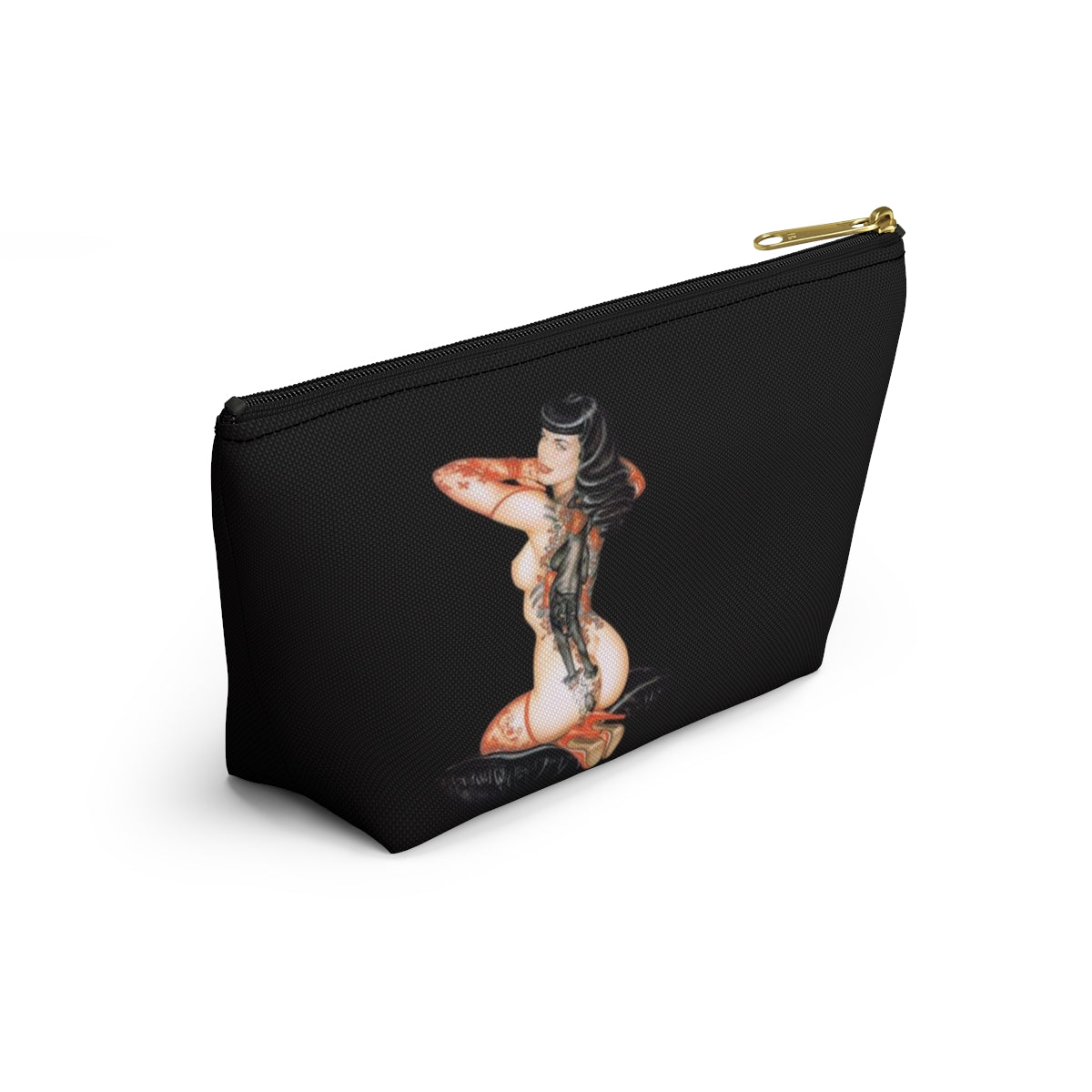 Pinup Girl Cosmetic Pouch w T-bottom, Accessory Pouch - Femme Forever Black Cat Tattoo Pinup Girl