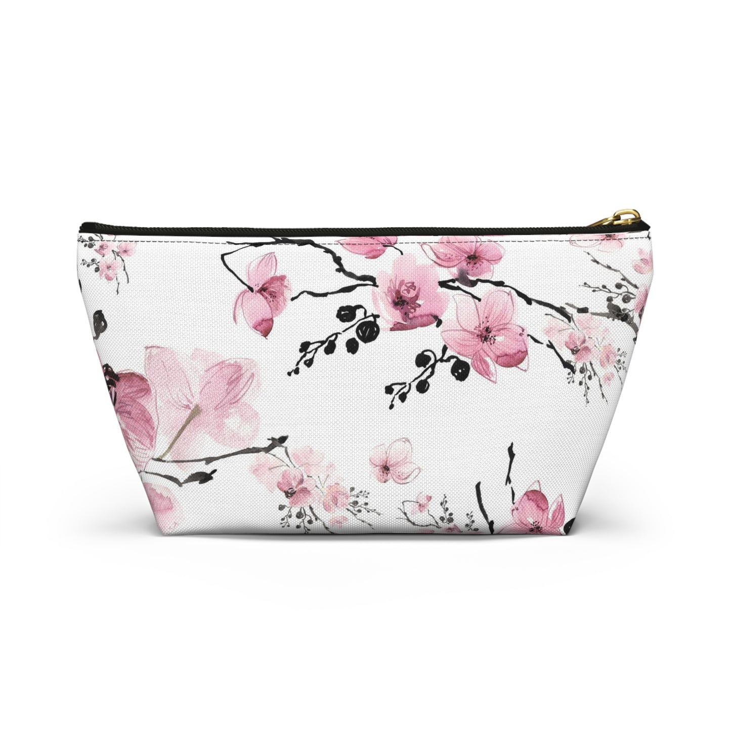 Sakura Cosmetic Pouch w T-bottom, Accessory Pouch - Pink Watercolor Cherry Blossom Makeup Bag