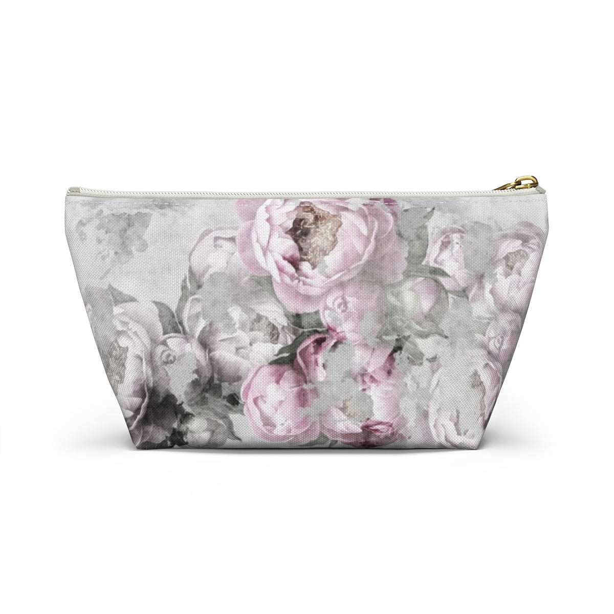 Peony Cosmetic Pouch w T-bottom, Accessory Pouch, Antiqued Pink and Grey