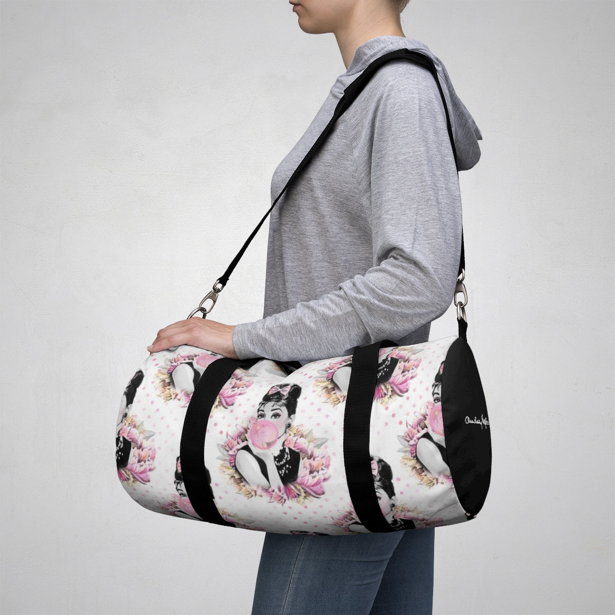 Personalized Audrey Hepburn Duffel Bag - Pink Bubblegum Polka Dot