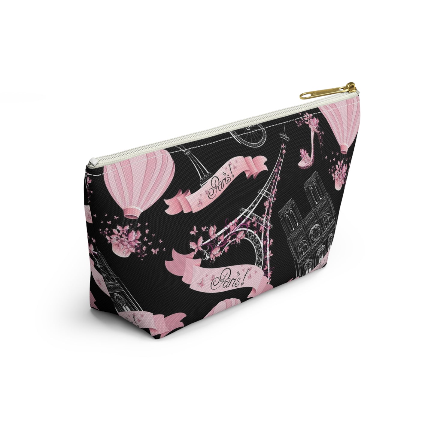 Whimsy in Paris Cosmetic Pouch w T-bottom, Accessory Pouch - Pink and Black Eiffel Tower Paris France Pouch