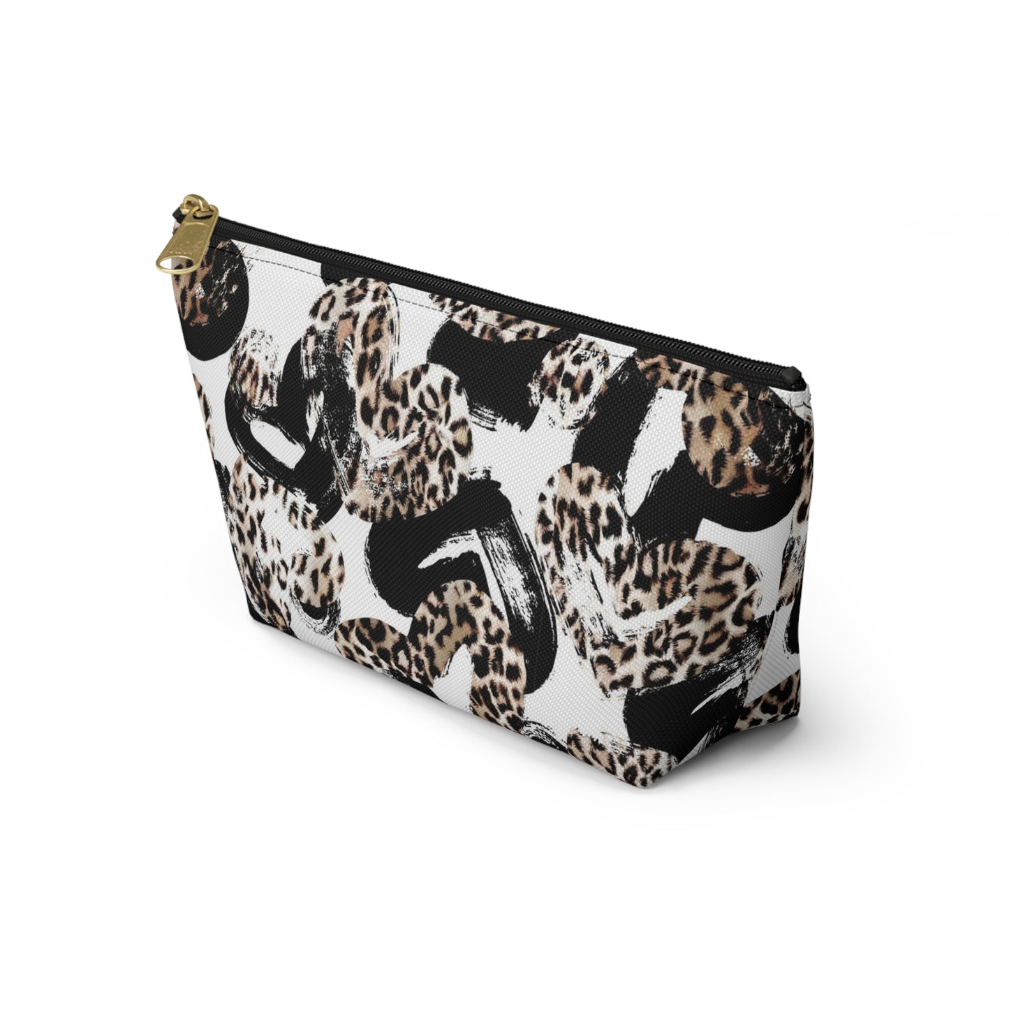 Personalized Leopard Hearts Cosmetic Pouch w T-bottom, Accessory Pouch