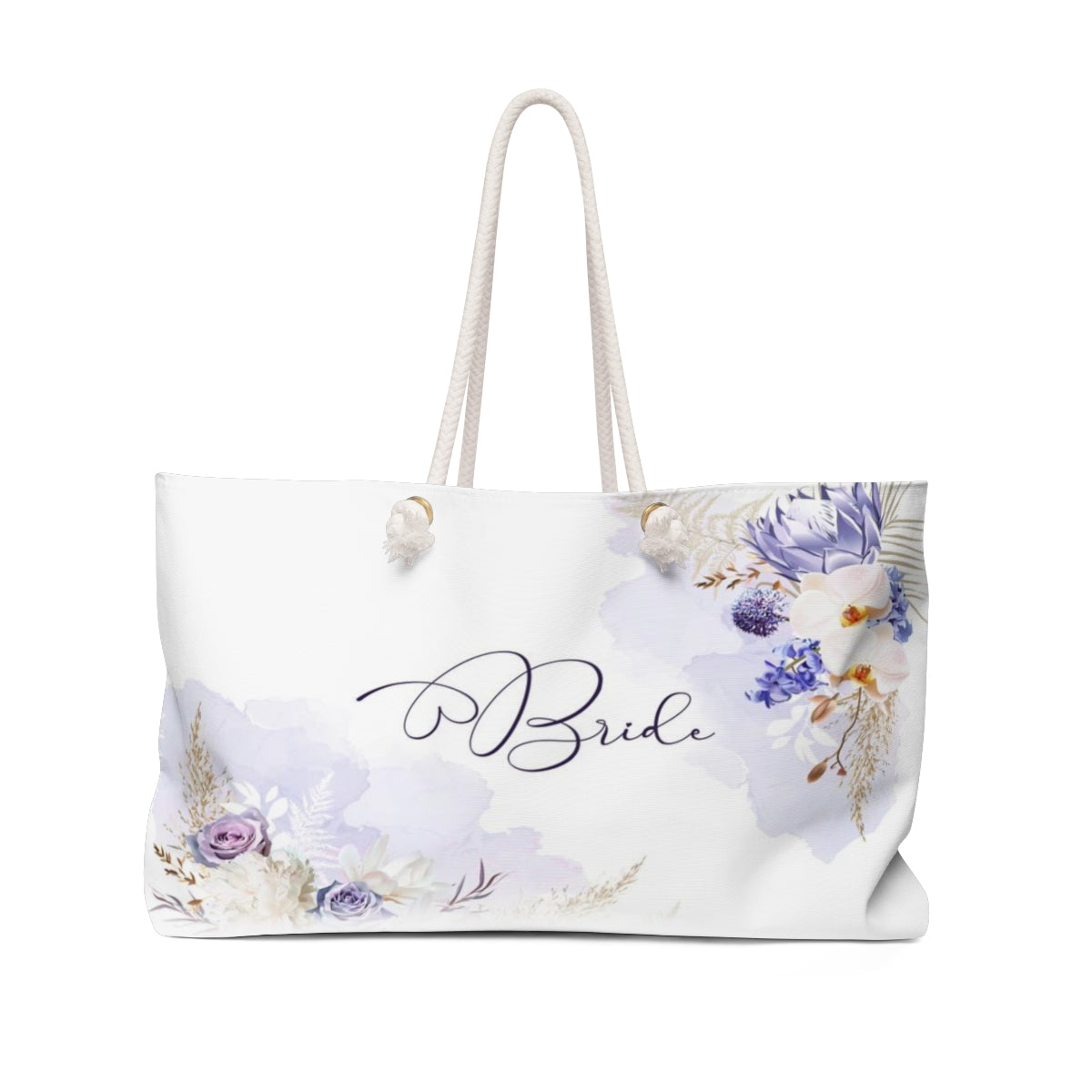 Personalized Bride Tote Bag - Weekender Bag, Rope Tote, Purple Thistle and Rose