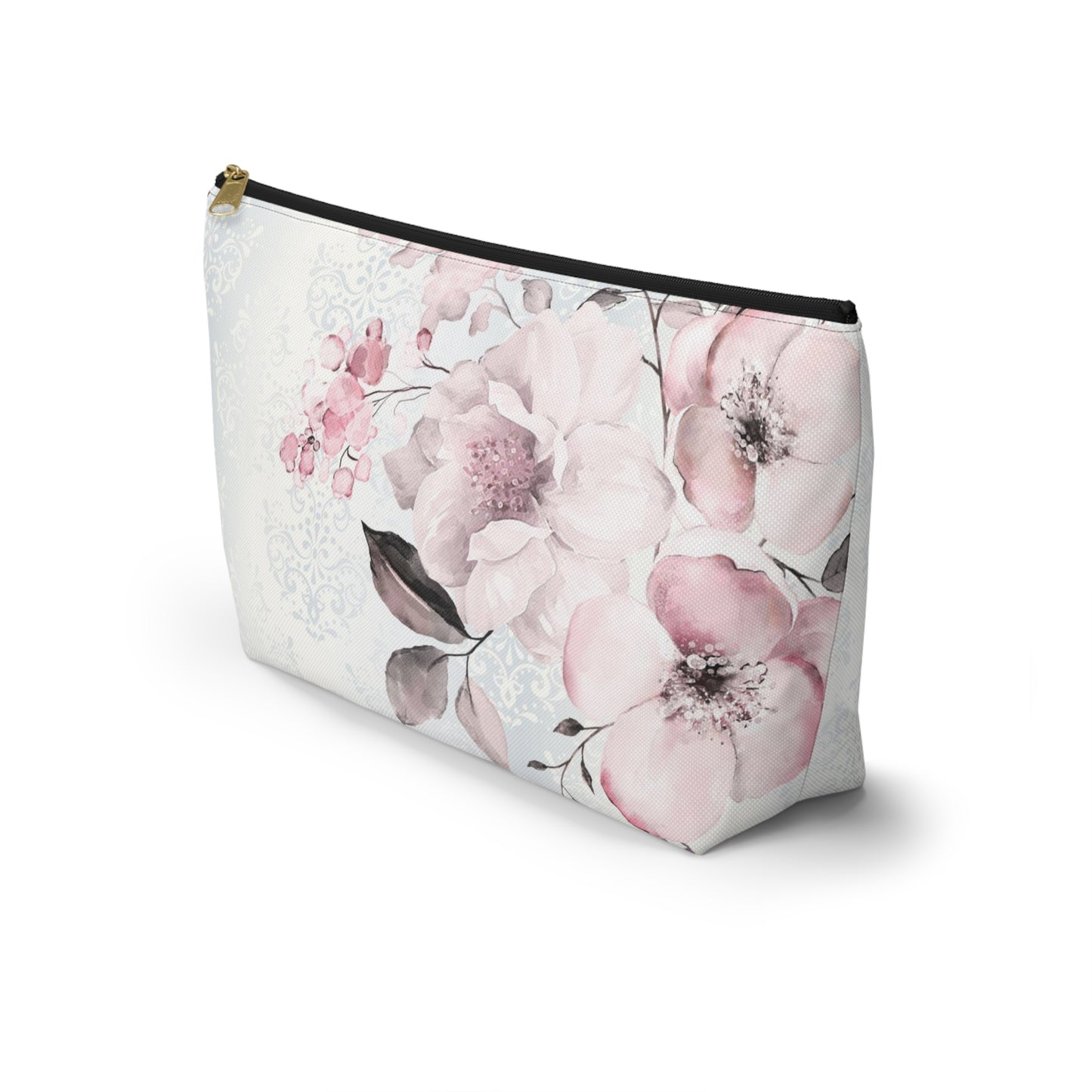 Personalized Pink Flower Damask - Cosmetic Pouch w T-bottom, Accessory Pouch