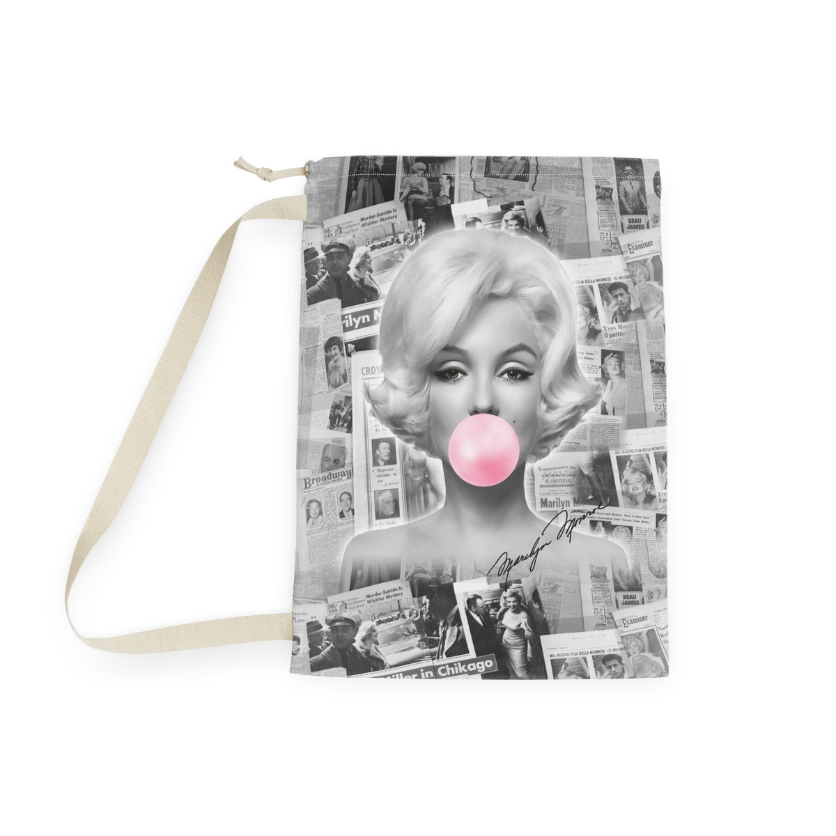 Marilyn Monroe Sack, Laundry Sack, Santa Sack, Dust Bag, Gift Sack - Marilyn Bubblegum Pink International News Bag