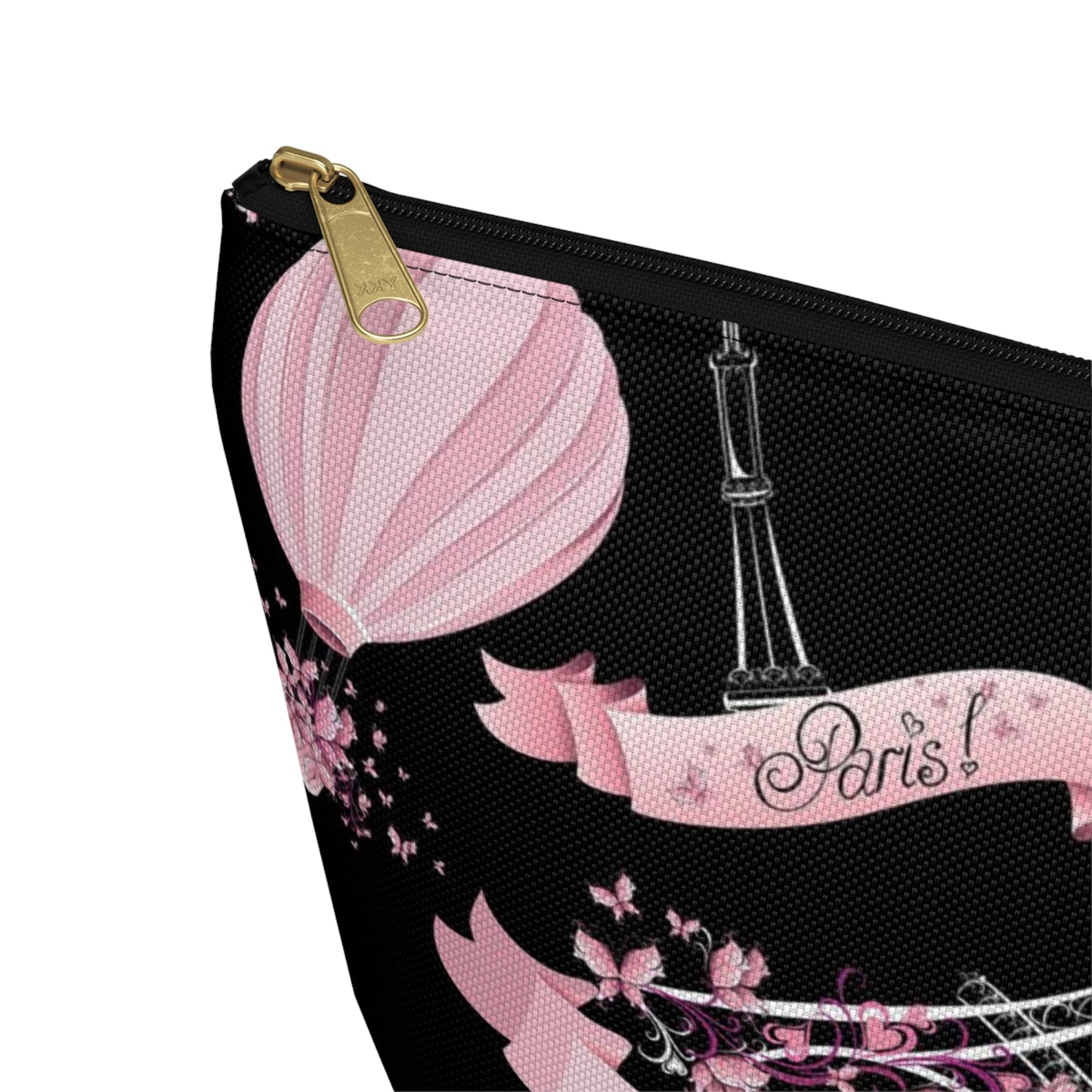 Whimsy in Paris Cosmetic Pouch w T-bottom, Accessory Pouch - Pink and Black Eiffel Tower Paris France Pouch